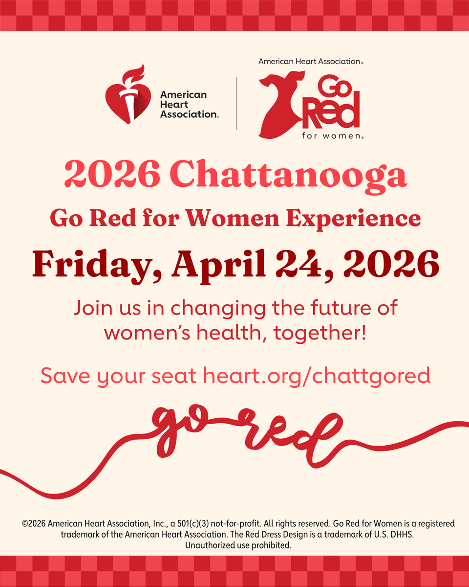 AHATennessee's tweet photo. Join us at the 2026 Chattanooga Go Red for Women Experience on Friday, April 24, 2026.
👉 Save your seat: https://t.co/CAbwIN4eyP ❤️ https://t.co/0uVklYY0ZB