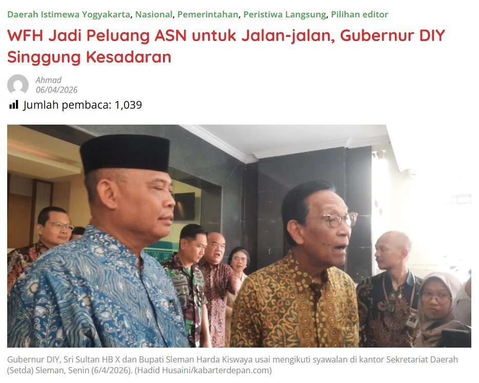 kabarterdepanID's tweet image. WFH Jadi Peluang ASN untuk Jalan-jalan, Gubernur DIY Singgung Kesadaran

kabarterdepan.com/wfh-jadi-pelua…

#WFH #ASN #EfisiensiEnergi #Yogyakarta #KabarTerdepan