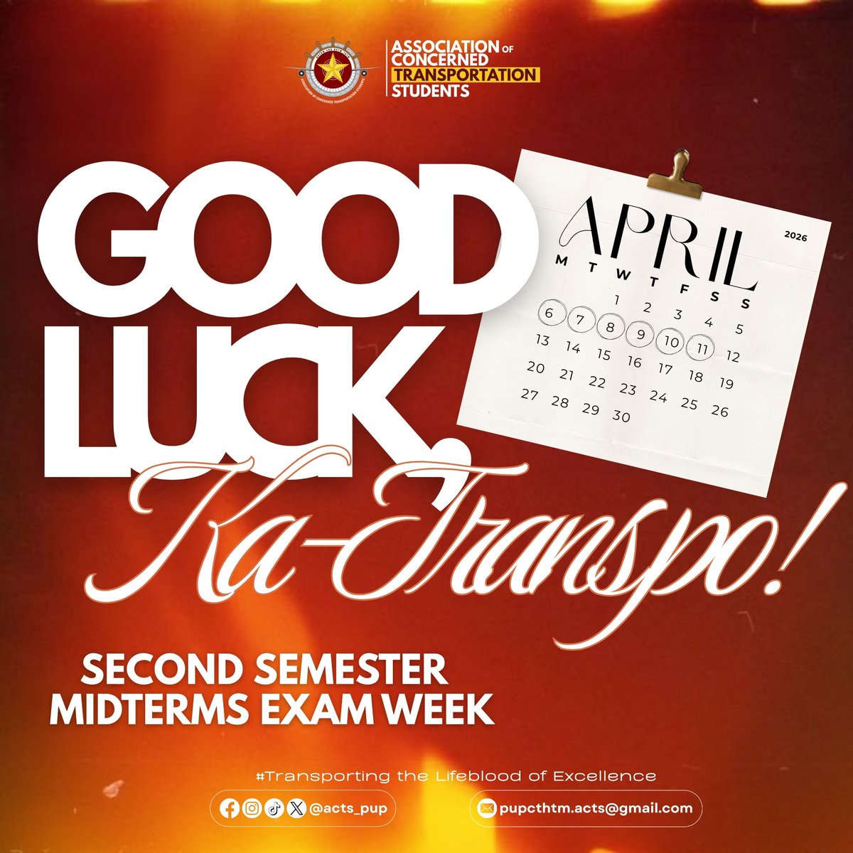 acts_pup's tweet image. 𝐀𝐭𝐭𝐞𝐧𝐭𝐢𝐨𝐧, 𝐦𝐠𝐚 𝐊𝐚-𝐓𝐫𝐚𝐧𝐬𝐩𝐨! 🚍📚
Midterms start April 6—stay focused, study smart, and do your best. Laban, future transport pros! 💪✨
#CTHTM #ACTS #BSTRM #BSTMTRTM #PUPACTS #TransportingTheLifebloodOfExcellence