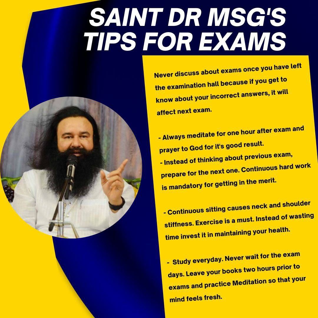 Success in studies is not about long hours but the right strategy. As shared by Saint Gurmeet Ram Rahim Ji, simple #StudyTips like a daily routine, solving tough questions first, understanding concepts &amp; practicing meditation help students achieve goals with confidence.