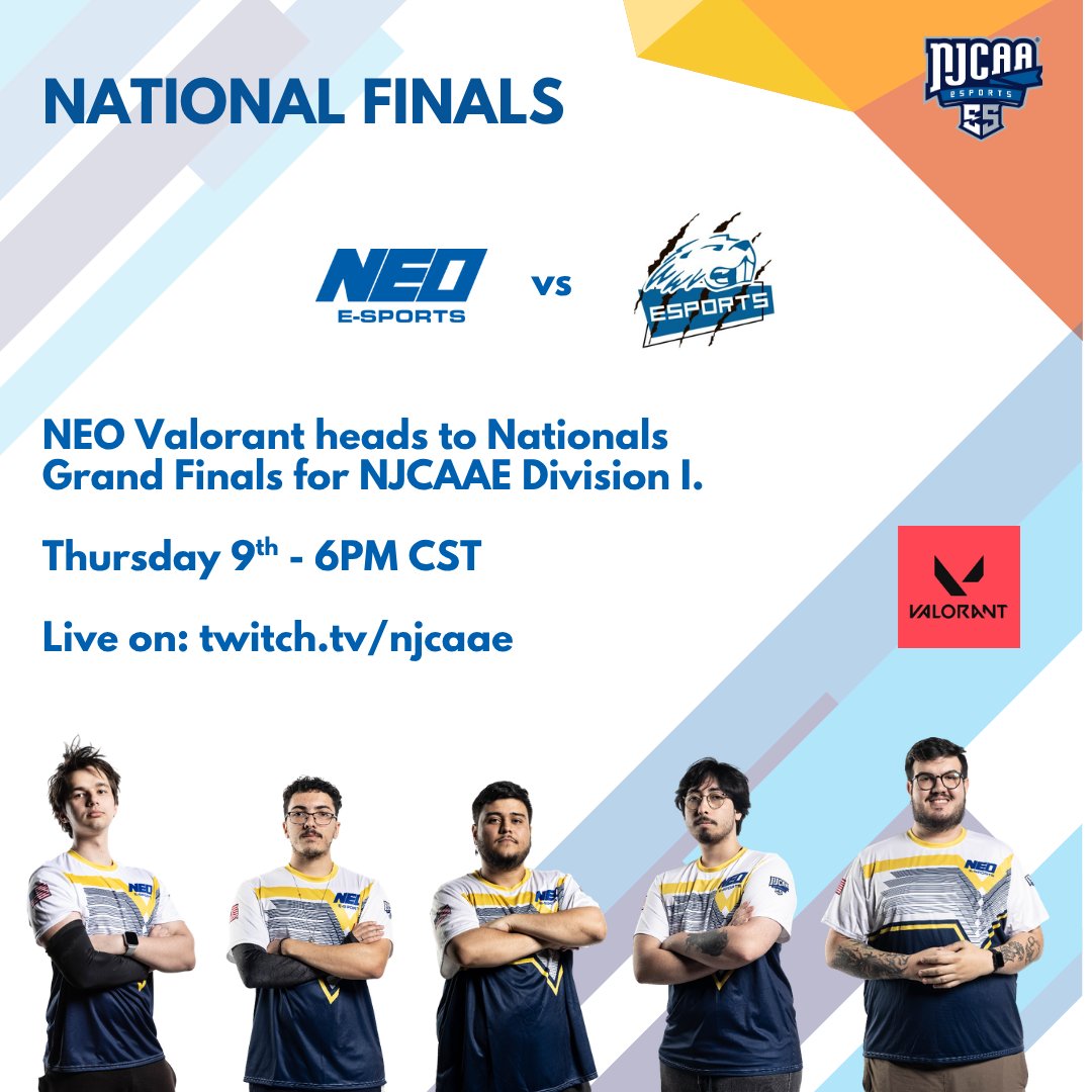 EsportsNEOAM's tweet photo. NEO Valorant heads to Nationals Grand Finals for NJCAAE Division I.

Thursday 9th - 6PM CST

Live on: https://t.co/yfT9WZMkk8

#gogoneo https://t.co/RdqrMtSdJJ