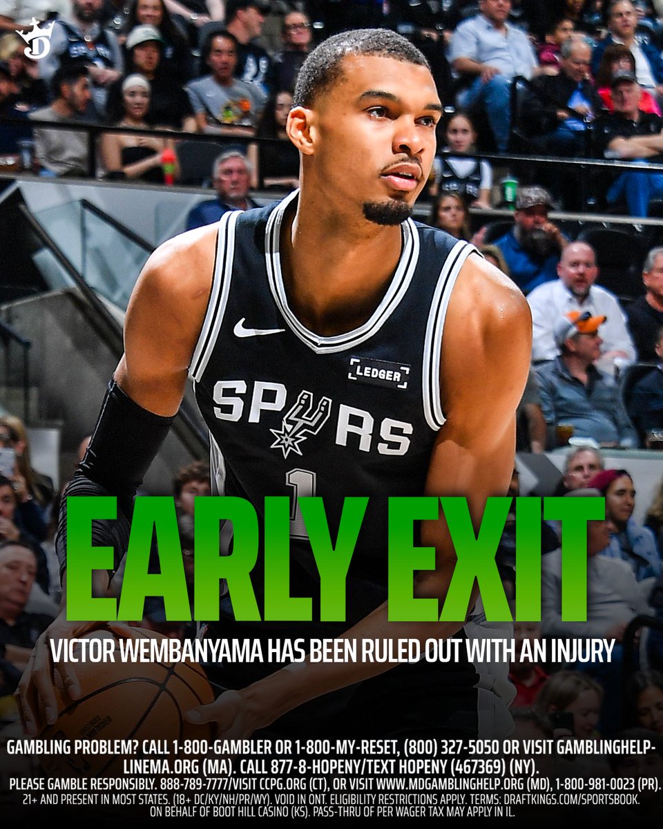 DKSports's tweet photo. The San Antonio Spurs have ruled Victor Wembanyama OUT and he is COVERED by Early Exit.

All qualifying bets (including LIVE) will be honored and tagged as Early Exit Protected. https://t.co/mGffWPzjzT