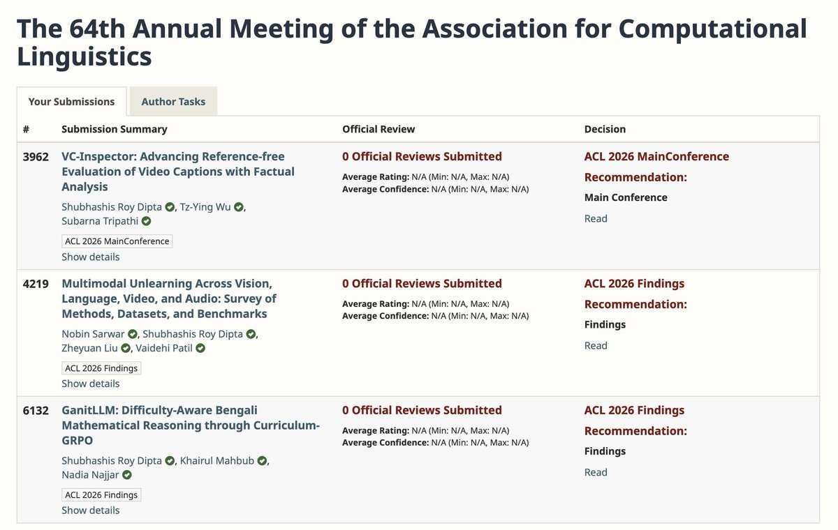iamdipta007's tweet photo. 3 papers accepted at ACL 2026 (1 Main, 2 Findings)! Sharing below 👇 #ACL2026 https://t.co/iKdIC7SORi