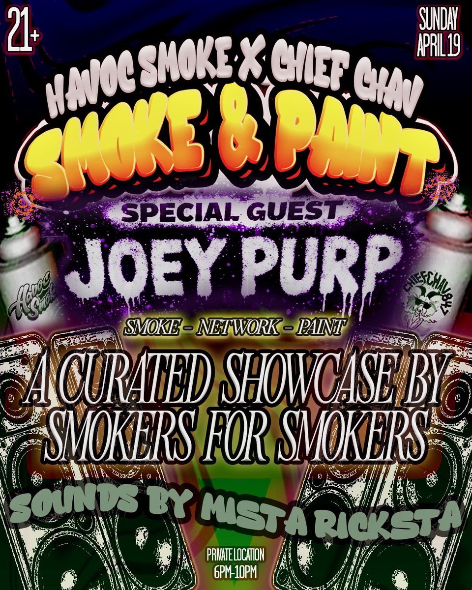 <a href="/HavocSmoke024/">Havoc</a> x <a href="/Da_niel847/">Da_niel</a> 420
Smoke and paint ft. <a href="/JoeyPurps/">Young Purple 🏁</a> ☔️

- New exclusive jar drop
- Smoke &amp; paint (ladies pop out)
- Paletero Man🍦
- art installation by <a href="/pabsprints/">𝖕roject 𝖕abs🐷👼🏽</a> 

Amazingly curated event for men and women!! 
Pop out paint network and chill with us this 420