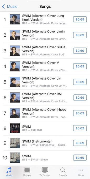 hideo52's tweet photo. @billboard The iTunes Store is selling 10 versions of “SWIM” for just $0.69‐what a bargain! 😆 https://t.co/mBp2FuAFyA