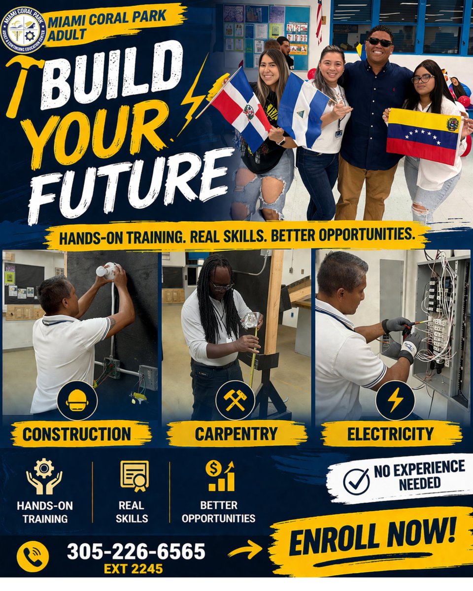 CoralParkAdult's tweet image. Build your future—literally. 🔨⚡Construction. Carpentry. Electricity. No experience needed. Just your drive. 📞 305-226-6565 EXT 2245 #Miami #CareerReady #AdultEducation @SuptDotres
@mantilla1776
@fox1914
@susymauri
@MjLewis13
#yourbestchoiceMDCPS