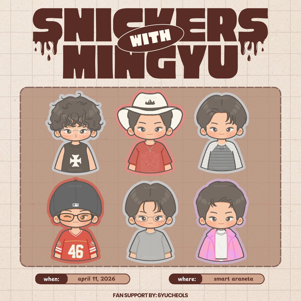 snickers with mingyu
fan support by <a href="/6yucheols/">‏ً</a>

⭑ like &amp; rt
⭑ random stickers (1:3)
⭑ onsite trades only

 #SNICKERSwithMINGYU