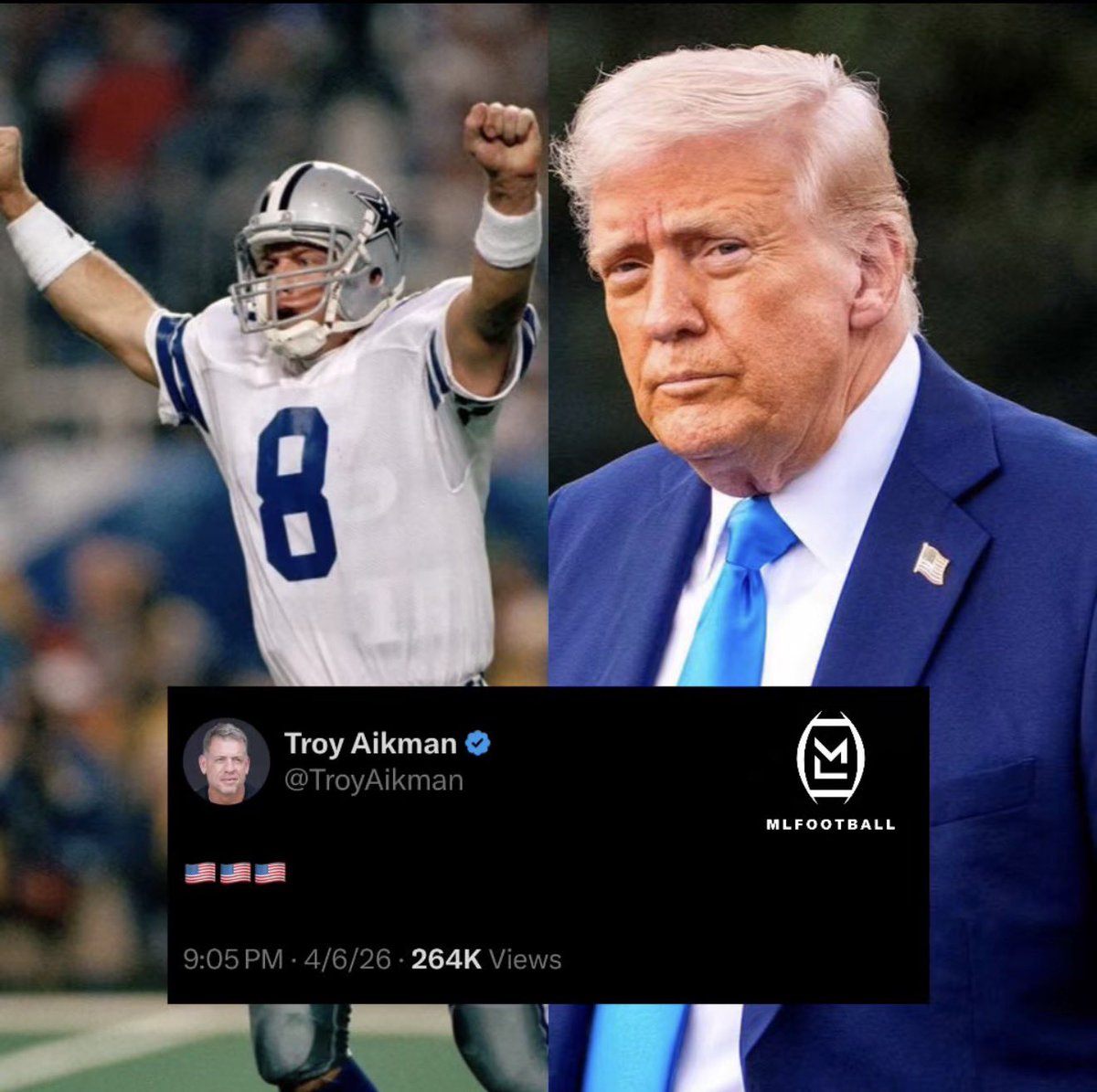 _ColtonBlakex_'s tweet photo. Support Post 🚨

Troy Aikman is getting grief from the sports media and the liberals who replied to his X acct for posting (3) American flags on X acct, in support of our troops 

Leave a flag 🇺🇸 in the comments if you appreciate Aikman standing with our troops https://t.co/8PNapC72LW