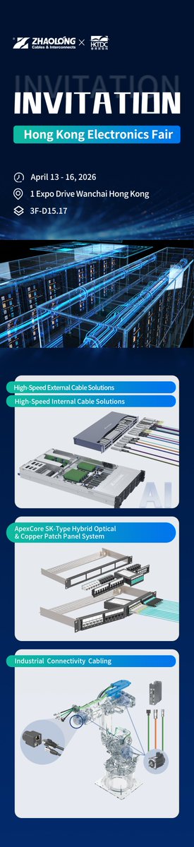 ZhaolongHL1993's tweet photo. April 13-16, Booth 3F-D15.17, see you in the #HongKongElectronicsFair! 
#ControlsEngineering #InnovatedManufacturing #smartmanufacturing #servocable #servosystem ##technology #technologymakesourworldbetter #integratedcabling #opticalfiber #opticaltelecommunication #MPO #patchcord https://t.co/PzK4N5BIAO