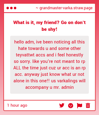 VarkaOfMond's tweet photo. 🐾 A lot of people on here have this idea that parody accounts need to stick to their gimmicks ALL THE TIME and it's untrue. If I wanna say something ooc I will. This is my account, I'll do as I please with it. But, yeah thank you for the support anon! It's what keeps me going. https://t.co/14bDxo6K9p
