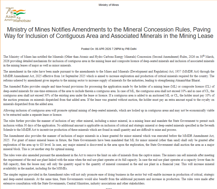 airnewsalerts's tweet photo. 🏗️ 𝐌𝐢𝐧𝐞𝐫𝐚𝐥 𝐂𝐨𝐧𝐜𝐞𝐬𝐬𝐢𝐨𝐧 𝐑𝐮𝐥𝐞𝐬 𝐀𝐦𝐞𝐧𝐝𝐞𝐝.

@MinesMinIndia has notified amendments allowing contiguous areas and associated minerals to be included in existing mining leases. Key highlights:

✅ One-time extension of mining lease area for deep-seated minerals
✅ Inclusion of other minerals, including minor minerals, in existing leases
✅ State Governments to approve applications within 30 days
✅ Provides for inclusion of major minerals in leases granted for minor minerals before the Mines and Minerals (Development and Regulation) Act, 2025

  #MMDRAct2025 | #MineralConcessionRules | #MiningReforms
