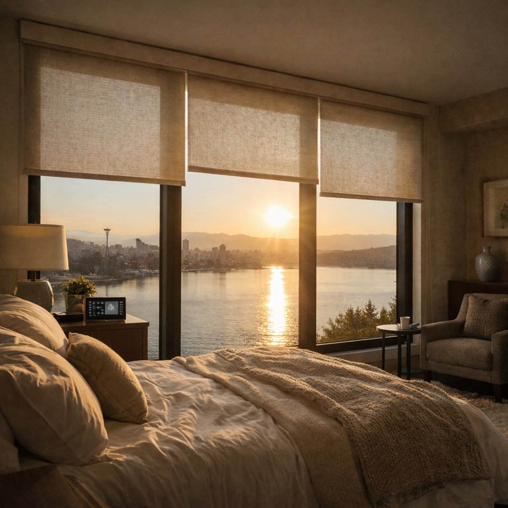 AVSmartSolution's tweet photo. Wake up to natural light, automatically. ☀️ Motorized window treatments do more than just look elegant—they improve energy efficiency, protect your furniture from UV damage, and enhance your privacy. Perfectly integrated into your morning routine.

#MotorizedShades
#SmartLighting https://t.co/auWi8OwTln