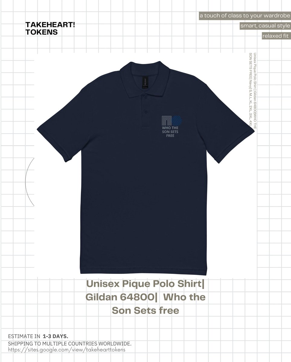 takeheARTtokens's tweet image. You can't go wrong with Navy.

Who the Son Sets Free Embroidered Unisex Pique Polo Shirt in Navy color is a must have. The timeless Navy's flattering &amp;amp; safe to wear. A quick fix in running any errand.💪🛍️☕

sites.google.com/view/takeheart…

#ChristianApparel #NavyPolo #Faithstyle