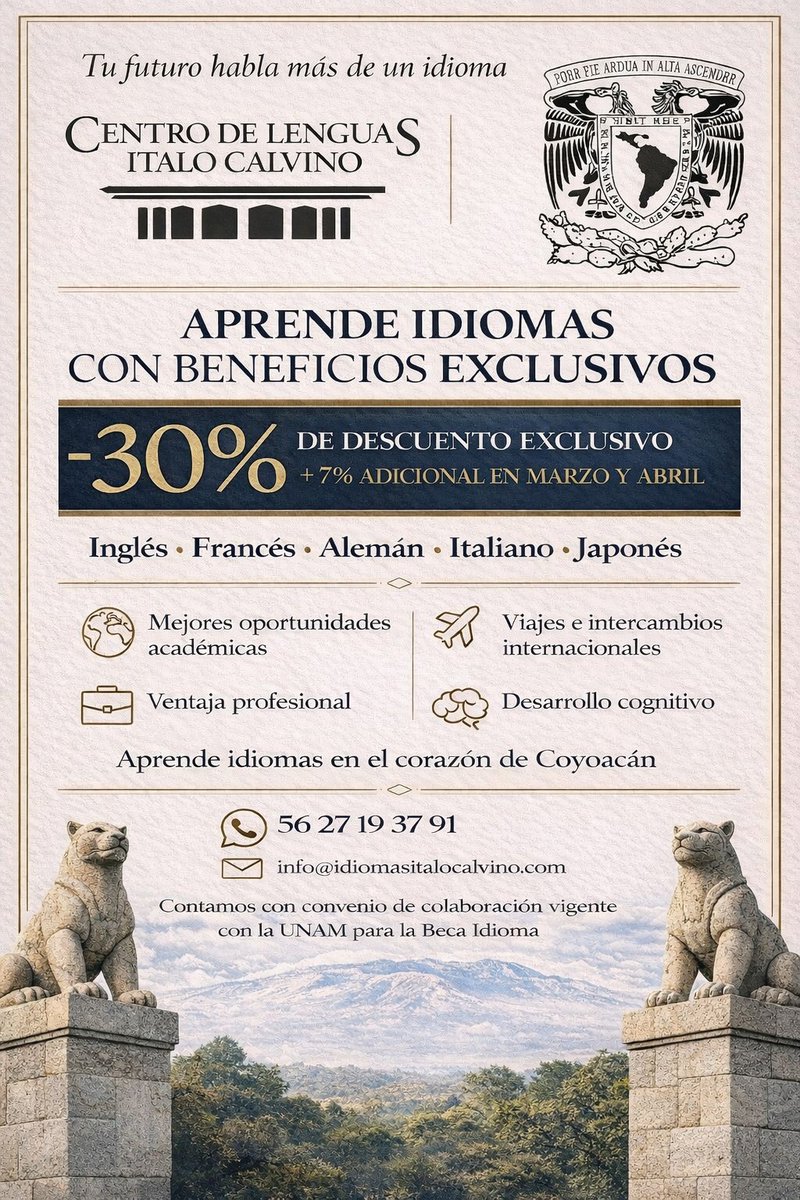 #ComunidadUNAM No te pierdas esta gran oportunidad y aprende idiomas ​con beneficios exclusivos en el  Centro De Lenguas Italo Calvino 30% de descuento +7% adicional. 

👉 Para obtener más información envía un correo electrónico o WhatsApp