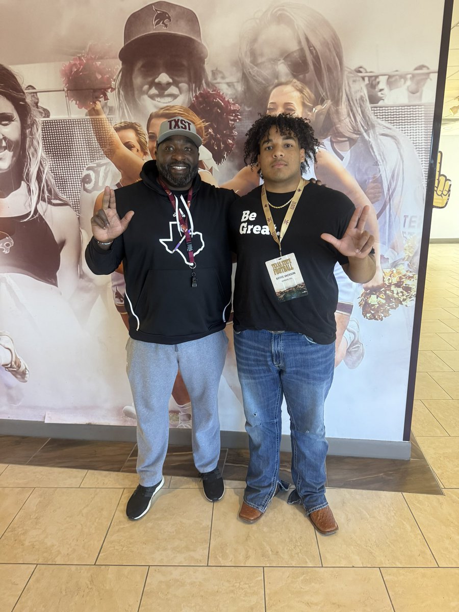Bryce2027's tweet photo. Good visit @TXSTATEFOOTBALL chopping it up with DL @TheCoach_G and @GJKinne looking forward  to seeing you guys in spring. Enjoyed it. https://t.co/bm5LbsJGNt