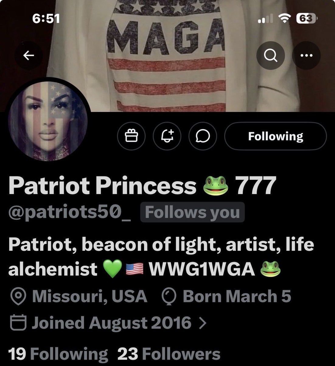 Patriot Princess from Missouri is starting over. She needs all hands on deck to recover her old friends and hopefully make new ones. Let’s get this done folks. 💪🏻🇺🇸
<a href="/patriots50_/">Patriot Princess 🐸 777</a>