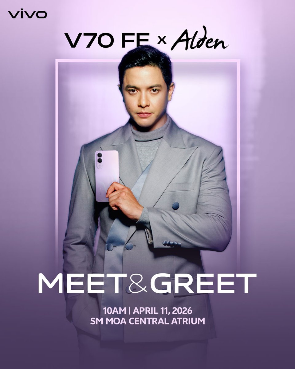 Shine Bright Like Alden Richard (<a href="/aldenrichards02/">Alden Richards</a>) 

Comment "vivo V70 FE x Alden Richards" to WIN a seat and have a Meet &amp; Greet with Alden!

Catch us live on April 11, 2026 at 10AM at SM Mall of Asia Central Atrium and join the moment as it happens.