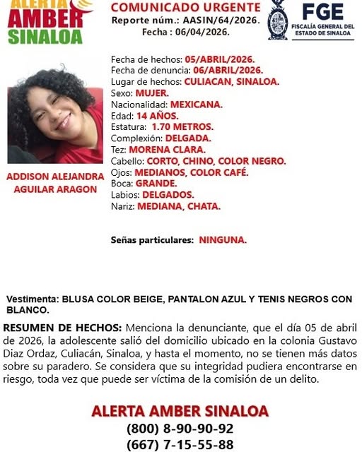 Riodoce_mx's tweet image. La #Fiscalía Estatal lanzó dos alertas Amber para localizar a #MaríaNoemi Morales Almanza, de 16 años de edad; desapareció el 5 de abril, en la colonia 20 de Noviembre, en #Aguaruto. Mientras que #AddisonAlejandra Aguilar Aragón, de 14 años de edad, desapareció el 5 de abril, en