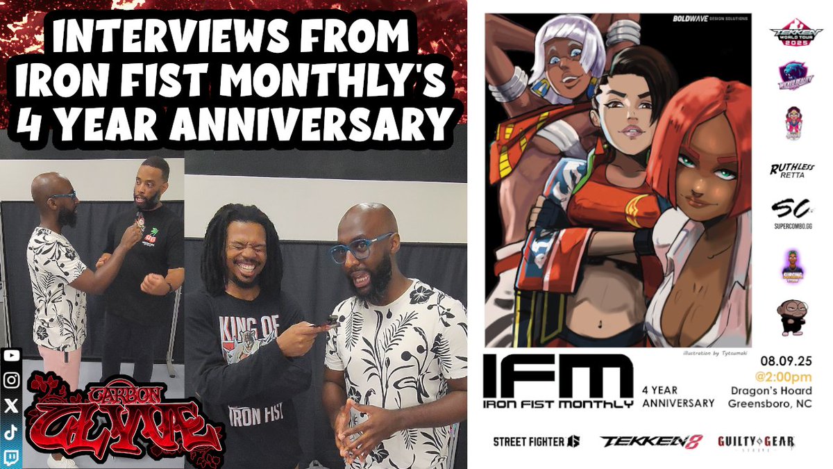 clyveSPEAKS's tweet photo. If you haven't already, please checkout my latest YouTube upload featuring some interviews from @IronFistMonthly's 4 year anniversary event!

https://t.co/KK83INjSUS

#CarbonClyve #ThisIsFGC #Tekken https://t.co/Mrs29OZNMO