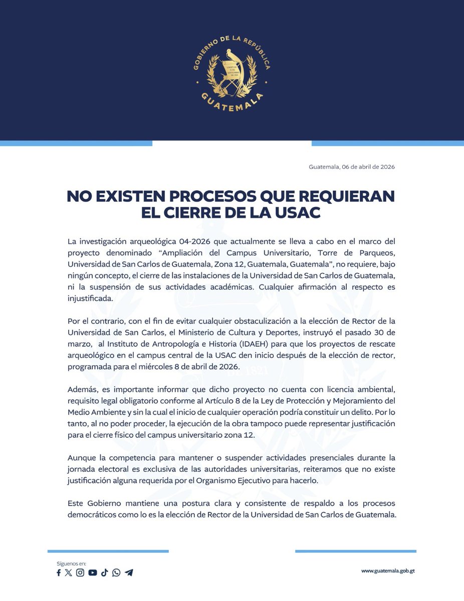EmisorasUnidas's tweet photo. #AHORA El Gobierno indica que la investigación arqueológica 04-2026 que actualmente se lleva a cabo en el marco del proyecto denominado "Ampliación del Campus Universitario, Torre de Parqueos, Universidad de San Carlos de Guatemala, zona 12, Guatemala, Guatemala", no requiere, bajo ningún concepto, el cierre de las instalaciones de la Universidad de San Carlos de Guatemala, ni la suspensión de sus actividades académicas. Vía David Alvarado