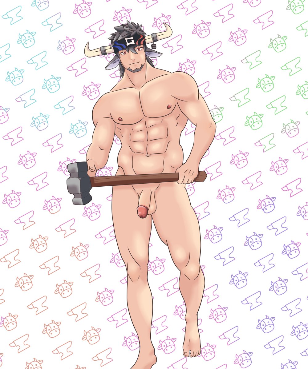 MonkyDanger's tweet photo. I made this drawing in order to ask around what game he was from, but  the husband discovered he is a blacksmith from some waifu gacha game, so  I'm posting him because I already made him I guess... Still, does  anyone know his name?

#AzurPromilia #Bullman #Blacksmith #NSFW https://t.co/L3bH0cnmH9