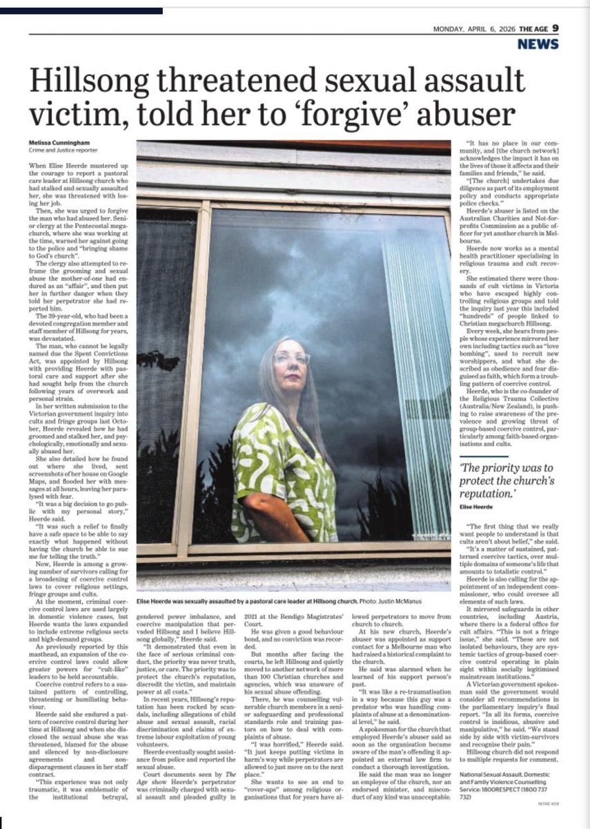 Hillsong, a sexual assualt, a cover-up, and an abuser shuffled out to pastor a church in another location where his parishoners are likely unaware of his offending or the risk he poses to them. 

I googled it for you because @TheAge couldn't name him
youtu.be/RtUfnG2-ESc?si…