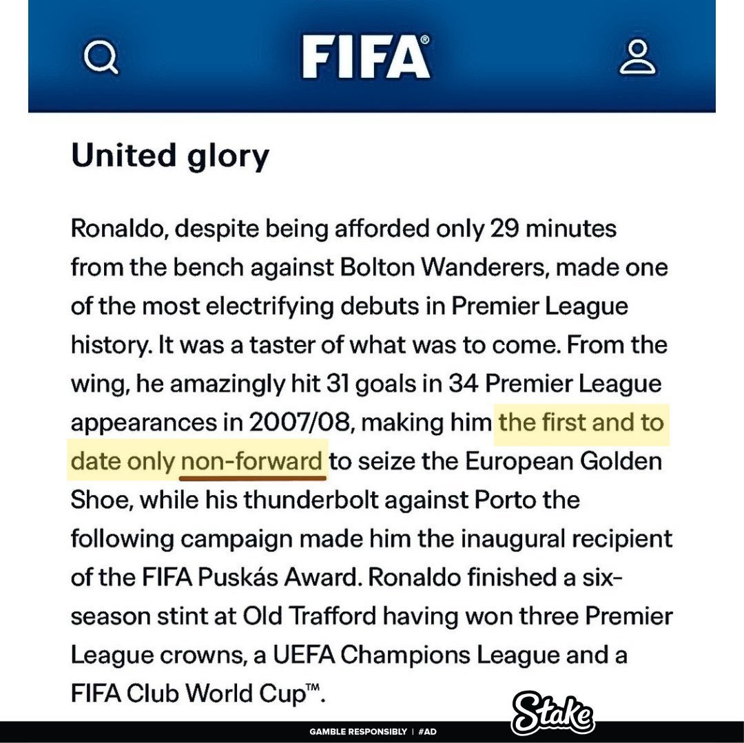 🚨| BREAKING:

FIFA recognize that Cristiano Ronaldo was the first and only non-forwad to ever win the Golden Boot.