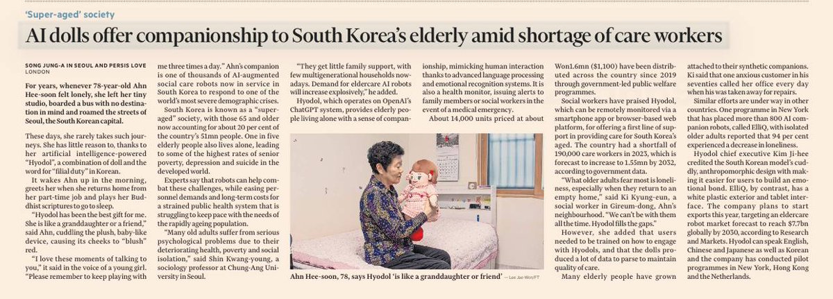 cmani's tweet image. AI dolls provide companionship to South Korea's elderly amid shortage of care workers

Source: The Guardian

#ai #eldercare #southkorea #companionship