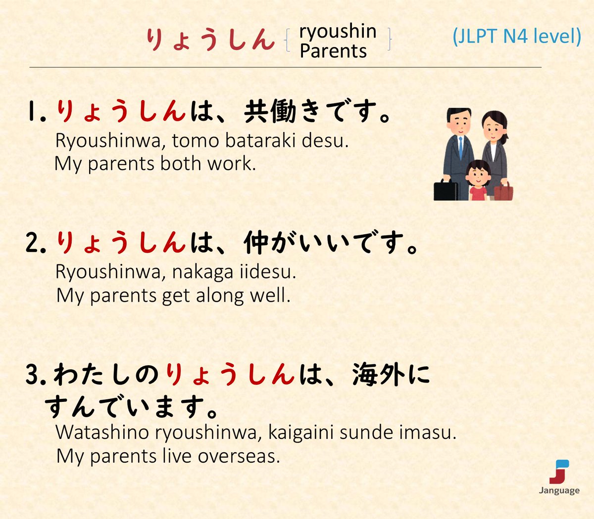 Janguage_jp's tweet image. JLPT N4 level Vocabulary (単語)

👉Online Japanese Lessons janguage.jp/en
👉オンライン日本語授業 janguage.jp

#learnjapanese #japanese #nihongo #日本語 #日本語学習
