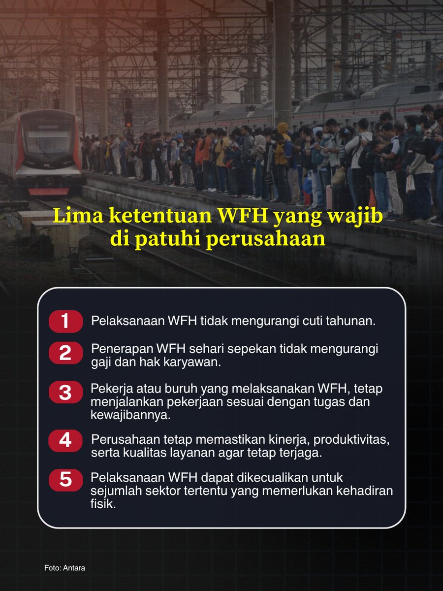 InfoPublikIP's tweet image. WFH satu hari dalam seminggu sekarang juga diimbau untuk perusahaan swasta, KawanPublik!

Lewat kebijakan ini, pemerintah ingin mendorong pola kerja yang lebih fleksibel, hemat energi, dan tetap produktif.

#InfoPublik #PortalBerita #WFH #MinyakDunia #Energi  #KomdigiNewsroom