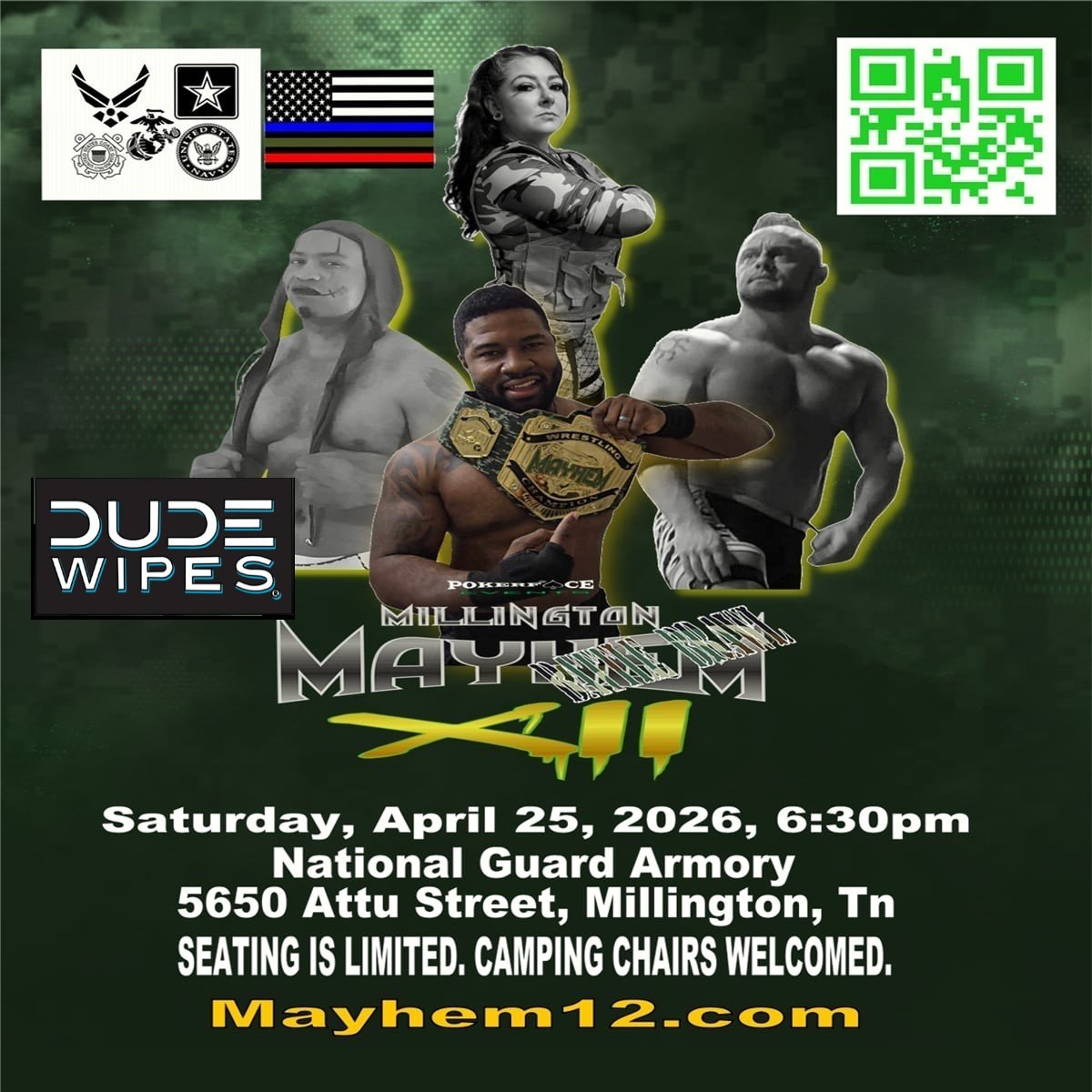 PokerfaceEvents's tweet photo. Glad to have @DUDEwipes as a part of Millington Mayhem 12 - Battle Brawl #wrestling #Pokerface #Memphis #Mayhem #dudewipes 
https://t.co/bQ9xa7e8I0 https://t.co/Rw3Uu7ifrf