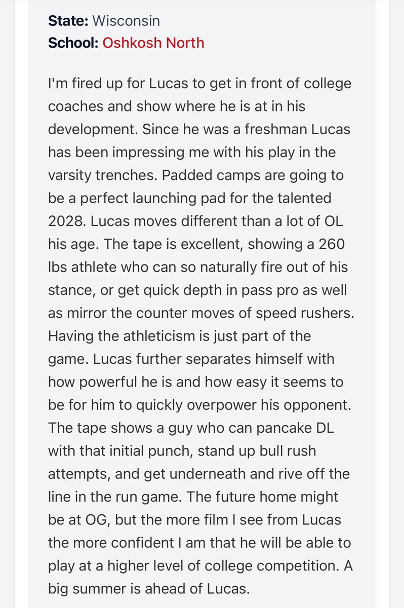 LukeDavis528490's tweet photo. Appreciate @MJ_NFLDraft and @PrepRedzoneWI for the write-up!! Staying locked in this offseason and continuing to put in the work for a big summer and season ahead. @oshkoshnorthfb https://t.co/w0fcI7w26J