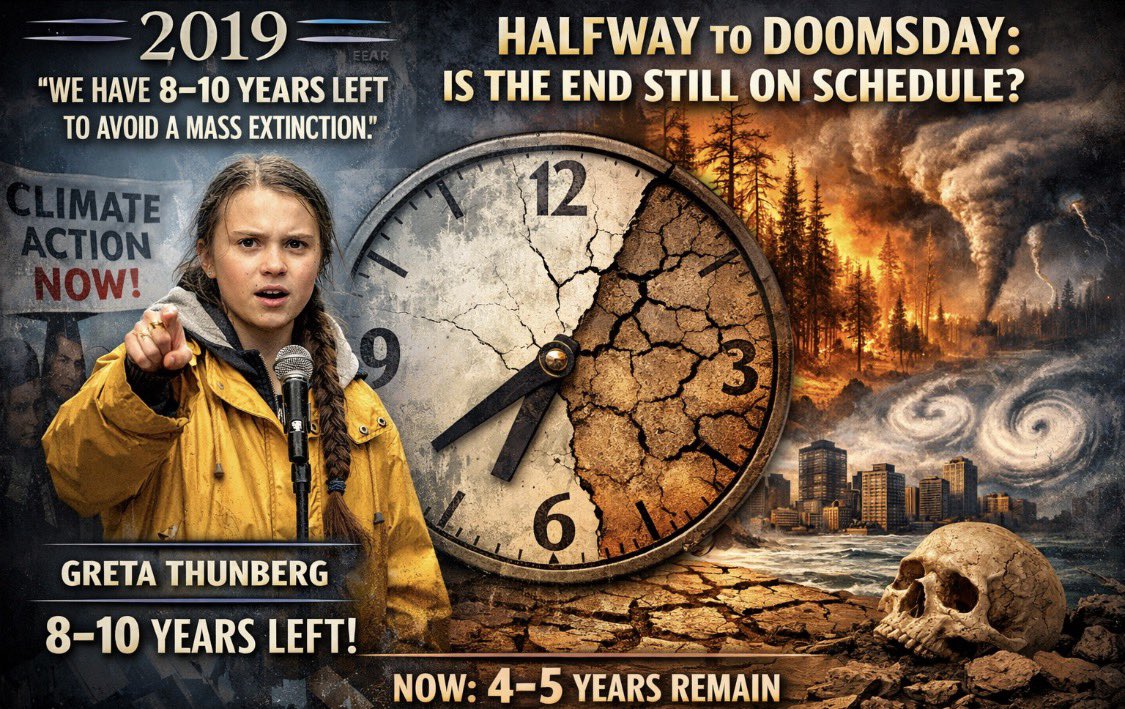 1981Descartes's tweet photo. @mazemoore Greta’s 2019 "8–10 years" ultimatum is aging like milk. Being named Person of the Year for doomsday predictions doesn't make them any more accurate as the years roll by. Still waiting on that mass extinction. 🌍 #GretaThunberg #ClimateCheck #SustainabilityReality https://t.co/BLP2adT5Js