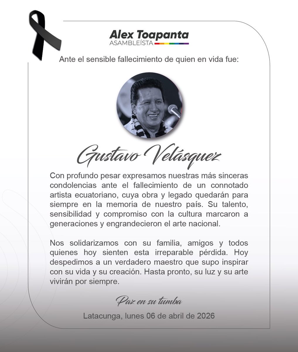 AlexToapantaEc's tweet photo. Con profundo pesar lamentamos el fallecimiento de un connotado artista ecuatoriano, cuyo legado perdurará en la memoria del país.

Nos solidarizamos con su familia y seres queridos. Hasta pronto, maestro. https://t.co/S23Dhsr9jJ