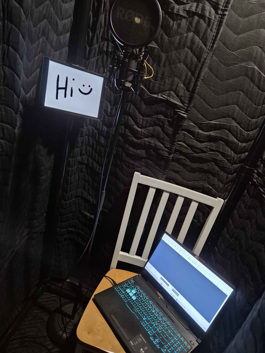 JossanVO's tweet photo. Here's what my vocal booth looks like as someone who's just starting voice acting, I need to get myself a small desk so I don't have to use a chair! :,) https://t.co/EYgH1ifGAD
