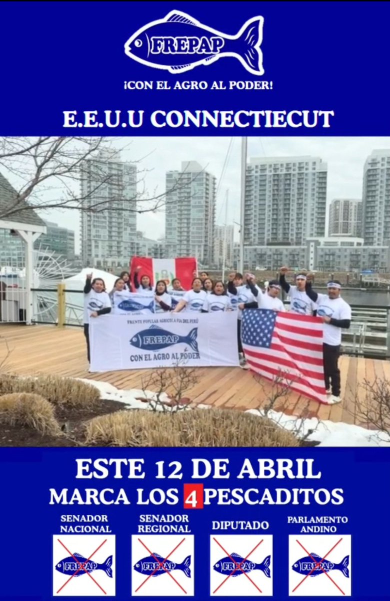 perufrepap's tweet photo. Desde EE.UU el respaldo de los peruanos residentes en el Extranjero al #FREPAP se hace presente!!! Este 12 de abril marca los 4 pescaditos y elige los Nros. de tu preferencia. #FREPAP #ConElAgroAlPoder https://t.co/O5LOoEzHbQ