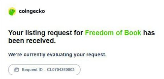 freedomofbook's tweet photo. The request to list Freedom of Book on CoinGecko has been received ✅

The CoinGecko team is currently reviewing the submission and will respond within 5 business days. Everything is being processed quickly while ensuring a thorough evaluation.

You can use Fast Pass to request priority review within 24 hours if you want to speed up the process. I’m debating whether it’s worth paying extra to get ahead and hit the golden timing when Freedom of Book launches.

Get ready: Freedom of Book is about to appear on CoinGecko!

Request ID: CL0704260003
