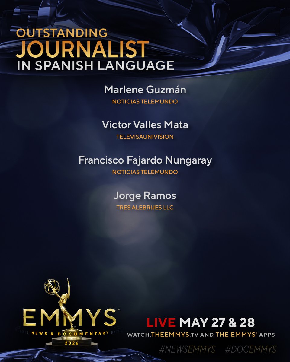TheEmmys's tweet photo. The #NewsEmmys Nominees for Journalist in Spanish Language are:
- Marlene Guzmán (Noticias Telemundo)
- Victor Valles Mata (@TUPrensa)
- Francisco Fajardo Nungaray (Noticias Telemundo)
- Jorge Ramos @jorgeramosnews (Tres Alebrijes LLC) https://t.co/1alZjWjaM7