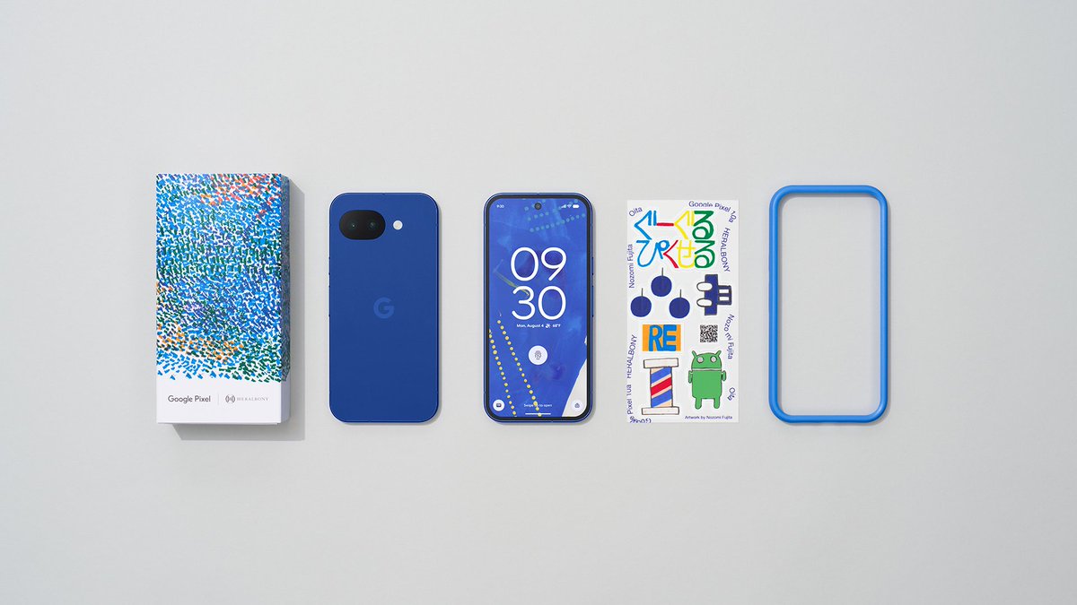 shotainprogress's tweet photo. ヘラルボニーさんとコラボのPixel10a 限定カラー！
とっても素敵で、衝動買いをしてしまいました。

Isai Blue。同梱のステッカーもすごくいい。

https://t.co/tBpHn5FmMR https://t.co/MaqUxLUoqV