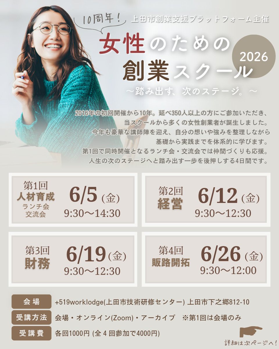 519worklodge's tweet photo. ＼ 女性のための創業スクール2026～踏み出す、次のステップ。～申し込み受付中／
+519worklodgeで毎年好評の創業スクール。創業の基礎を学べる4日間です✨
■6/5(金)～全4回（お好きな回のみの参加もOK）
■会場＋オンライン参加＋アーカイブ視聴：各回1000円

詳細・申込は➡https://t.co/XYO9F7Fe1Y https://t.co/KRlbX4RuV8
