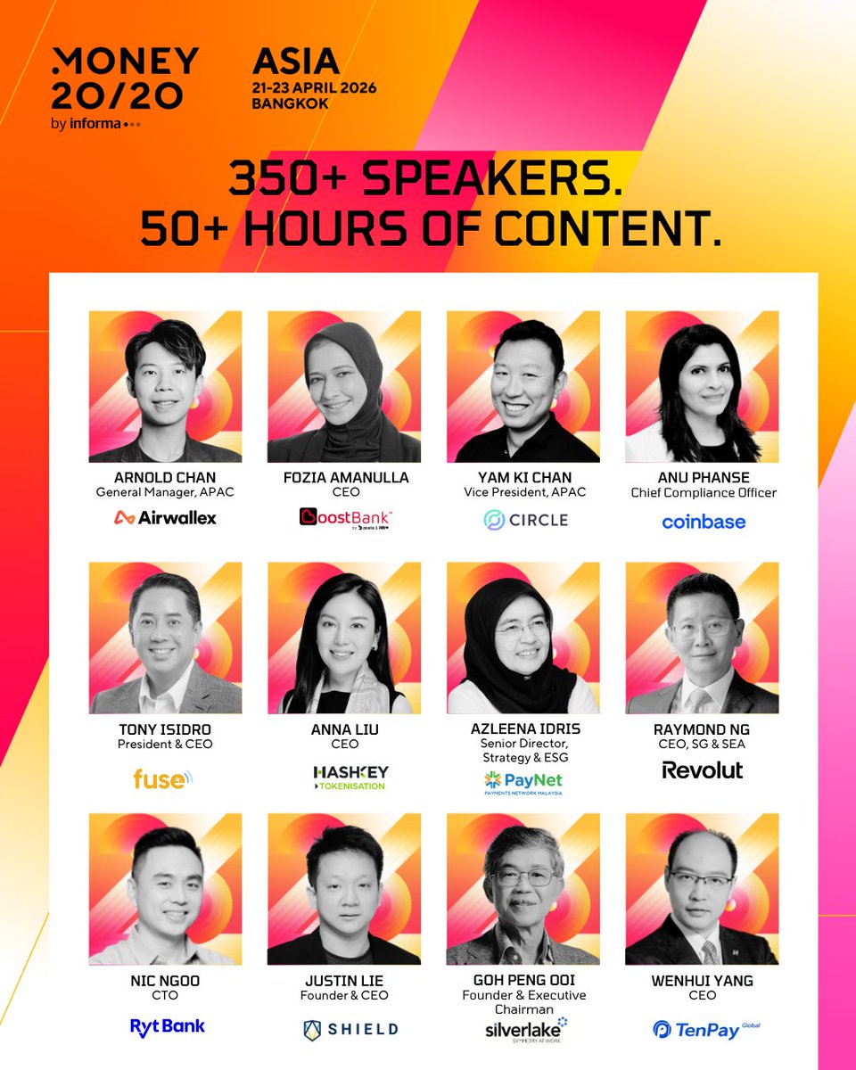 FintechNewsMy's tweet image. The #Money2020 Asia 2026 agenda is live! Join 350+ experts in Bangkok this April for insights on payments, AI, &amp;amp; more. Get your tickets now, prices go up soon!  
- Full agenda: bit.ly/4v8HpER  
- Passes from USD299 (save 65%): bit.ly/3PJjPOO  
#Money2020Asia