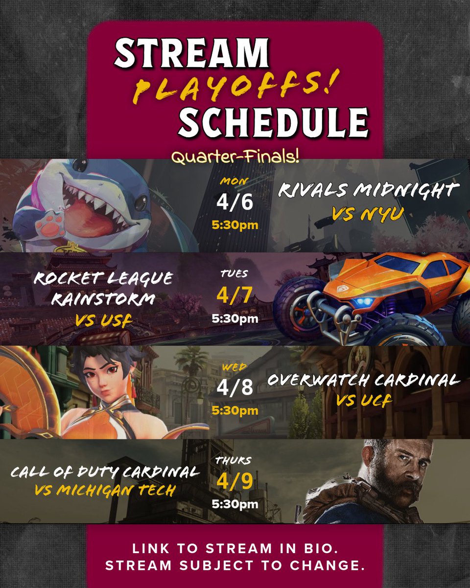 EsportsCSUDH's tweet image. WOOP WOOP OUR TEAMS HAVE MADE IT TO PLAYOFFS! Rivals Midnight has already made it to semi's after taking a W today 🤩🤩 Catch the streams on Twitch 🤘
#esports #csudh #csudhesports