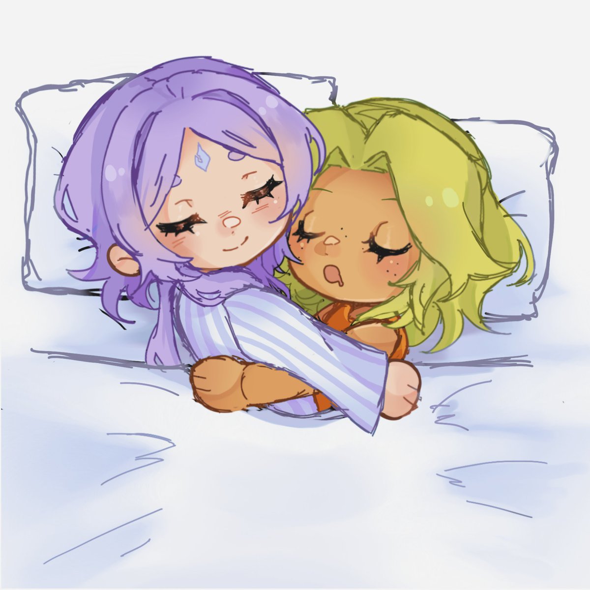sleepy yunara and zeri💚💜 

it has been long time since i have added to the pajama yuri 🥰