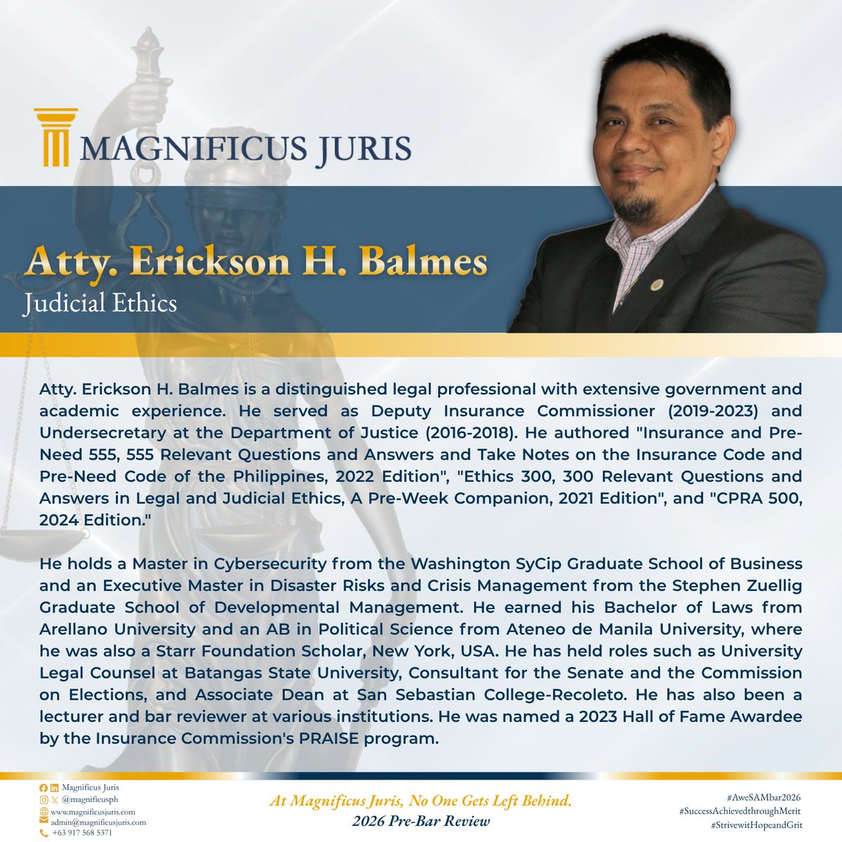 magnificusph's tweet photo. Meet Atty. Erickson H. Balmes, Judicial Ethics Lecturer.

Video is already uploaded. Watch his full lecture now: https://t.co/mhS1V38RqN

#magnificusjuris
#noonegetsleftbehind https://t.co/njpVutMZ5d