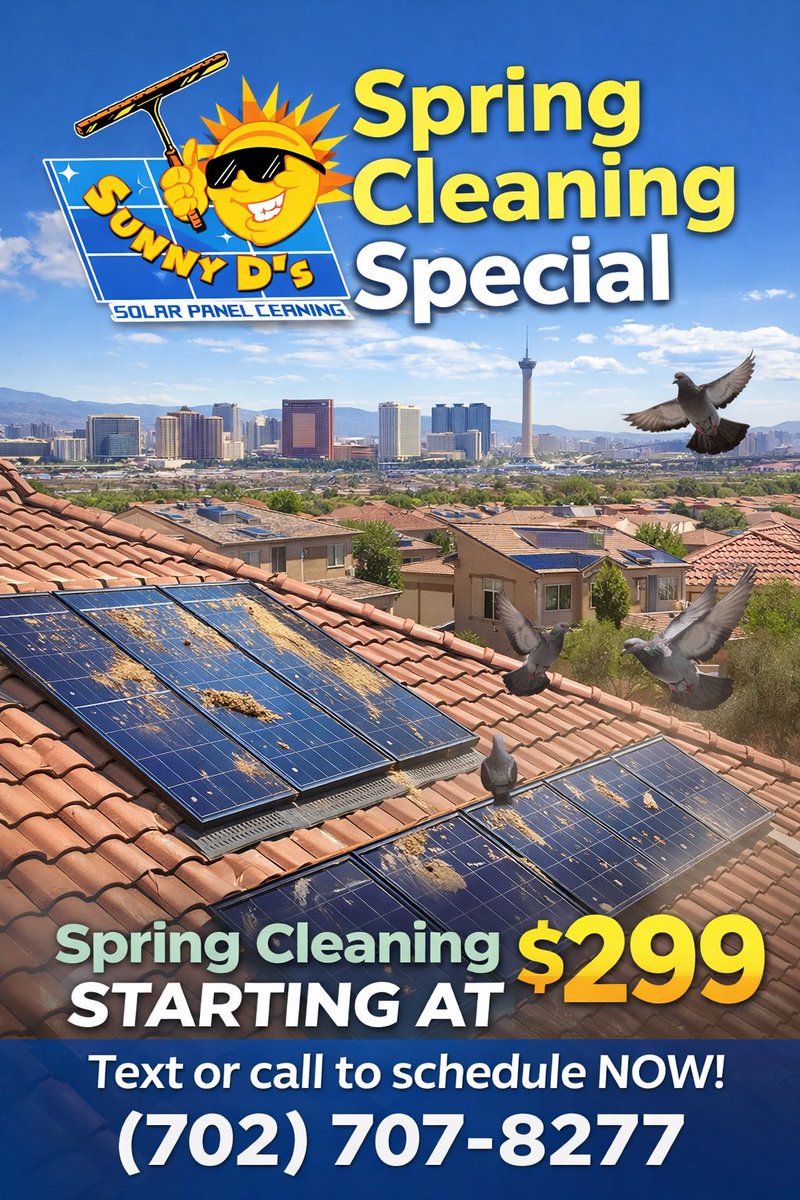 D1_SolarClean's tweet image. Get ready for the Spring Cleaning Special 
Make everyday A Sunny Day!
#lasvegas #summerlin #solarpanelcleaningLV