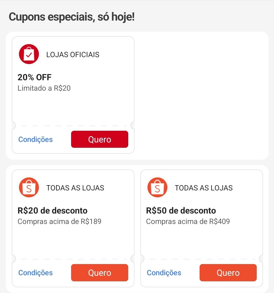 🚨 NOVOS CUPONS SHOPEE 🧡 

🎟 20% OFF limitado a R$20
🎟 R$20 OFF acima de R$189
🎟 R$50 OFF acima de R$409

🔗 Resgate aqui 👇
s.shopee.com.br/AUpsH67GiK

#bbb #bbb26