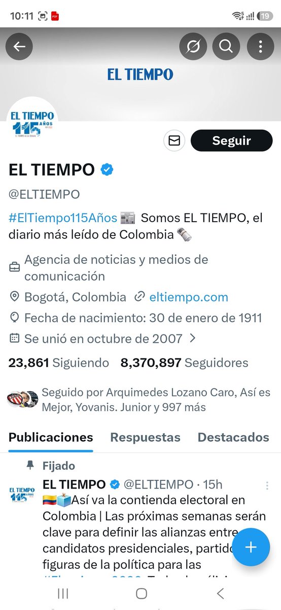 Vengo haciéndole seguimiento al número de seguidores entre <a href="/ELTIEMPO/">EL TIEMPO</a> y <a href="/petrogustavo/">Gustavo Petro</a>. 
El 31/Ene/2024 la diferencia aprox era de 1'462.101 seguidores a favor del primero.

Hoy, 6/abr/2026, siendo las 10:10 pm me complace anunciar que El Presidente ya les igualó en 8'371.000 aprox