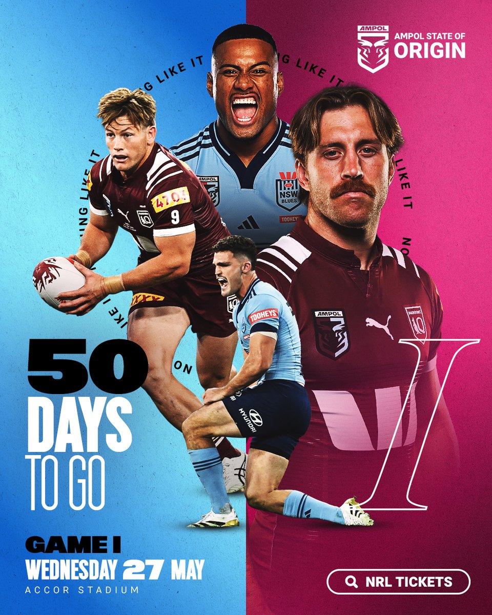NRL's tweet image. Just 50 days until Australia's BIGGEST sporting rivalry returns!  💥 

#Origin is coming in hot, kicking off on Blues turf.
📍 Accor Stadium, Sydney
📅 Wednesday 27 May
Tickets on sale now! spr.ly/6012B6QL2C
