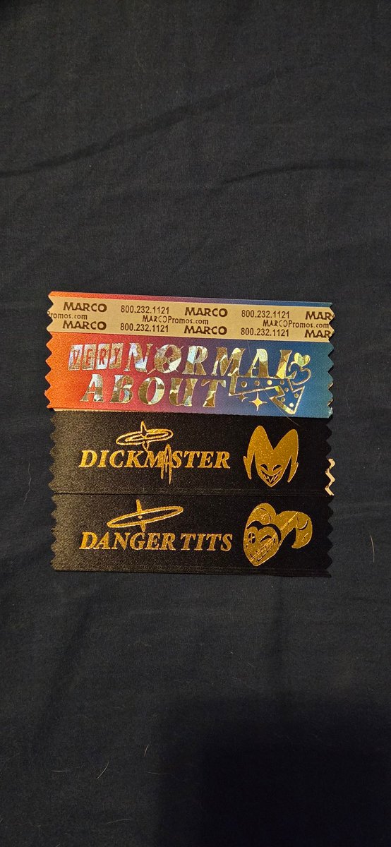 Jinx_Mikilson's tweet photo. I'm weirdly proud of how perfect these fit together 🤣
"Very normal about" is made by @IDPollution, "dickmaster" &amp; "dangertits" are made by aidapire on mercari, I'm unsure if they have socials 
#HazbinHotel #Dickmaster #DangerTits #Guitarspear https://t.co/HVIXf9ZDEN