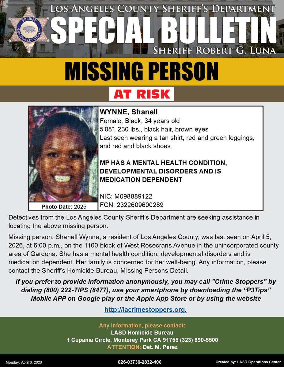 LASDHQ's tweet image. #LASD is Asking for the Public's Help Locating At-Risk Missing Person, Shanell Wynne #Compton

local.nixle.com/alert/12311235/